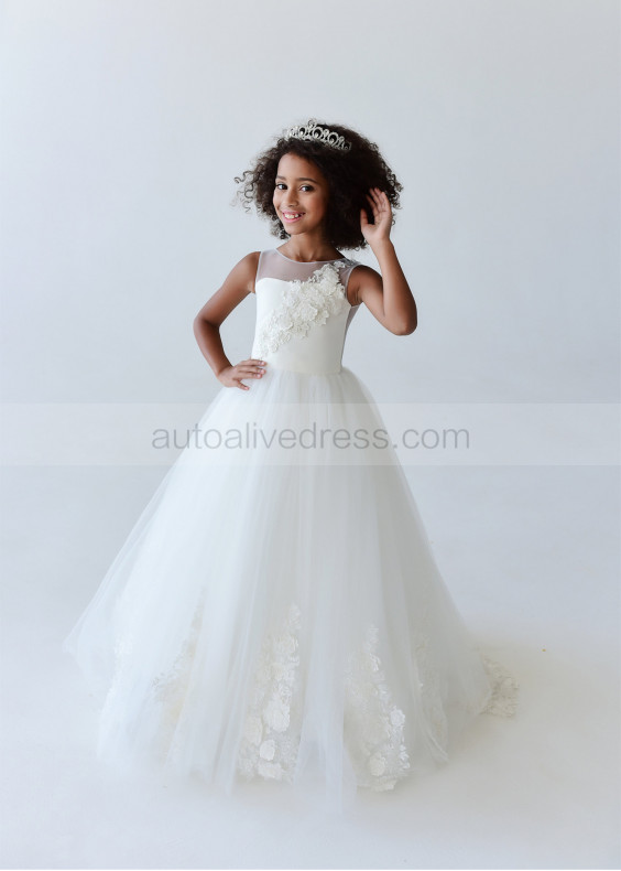 Ivory Lace Tulle Sheer Back Floor Length Flower Girl Dress